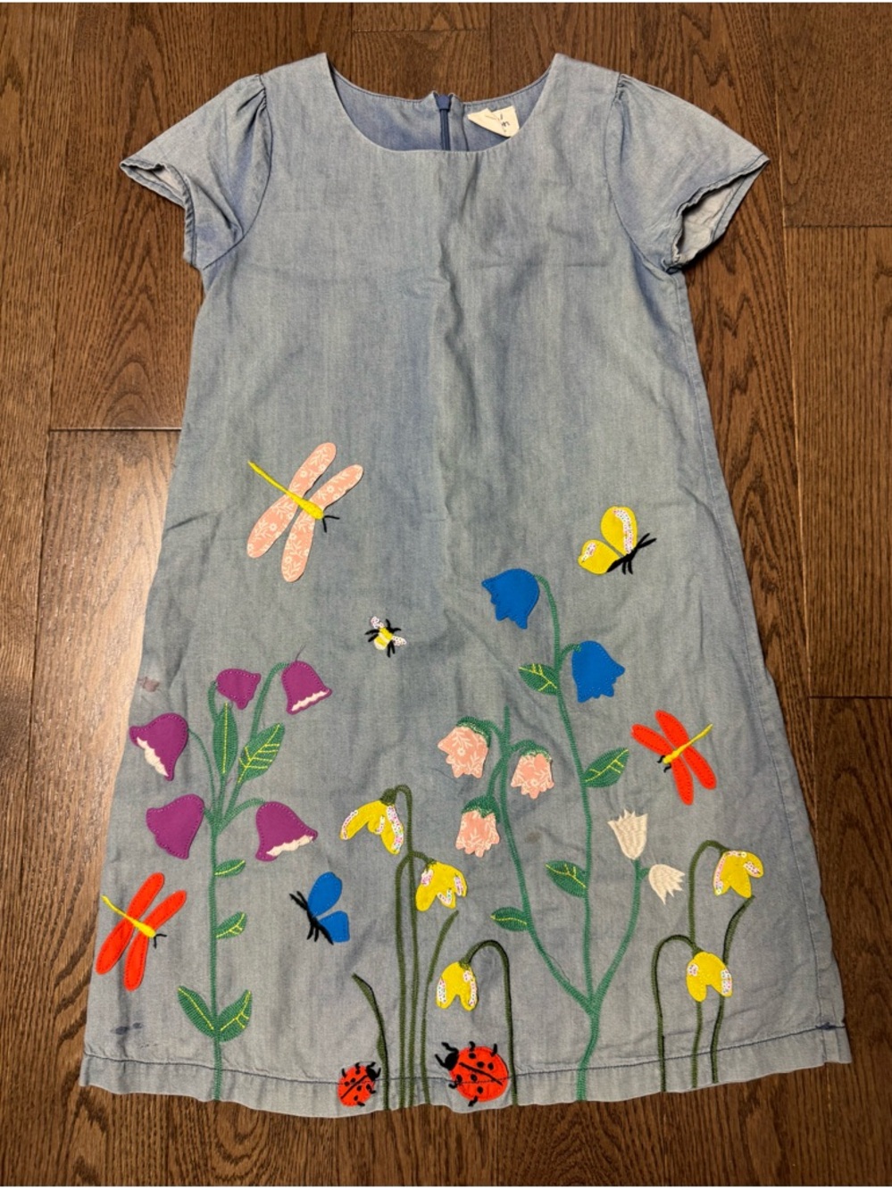 Mini Boden Light Blue Chambray Dress with Colorful Garden Appliqués